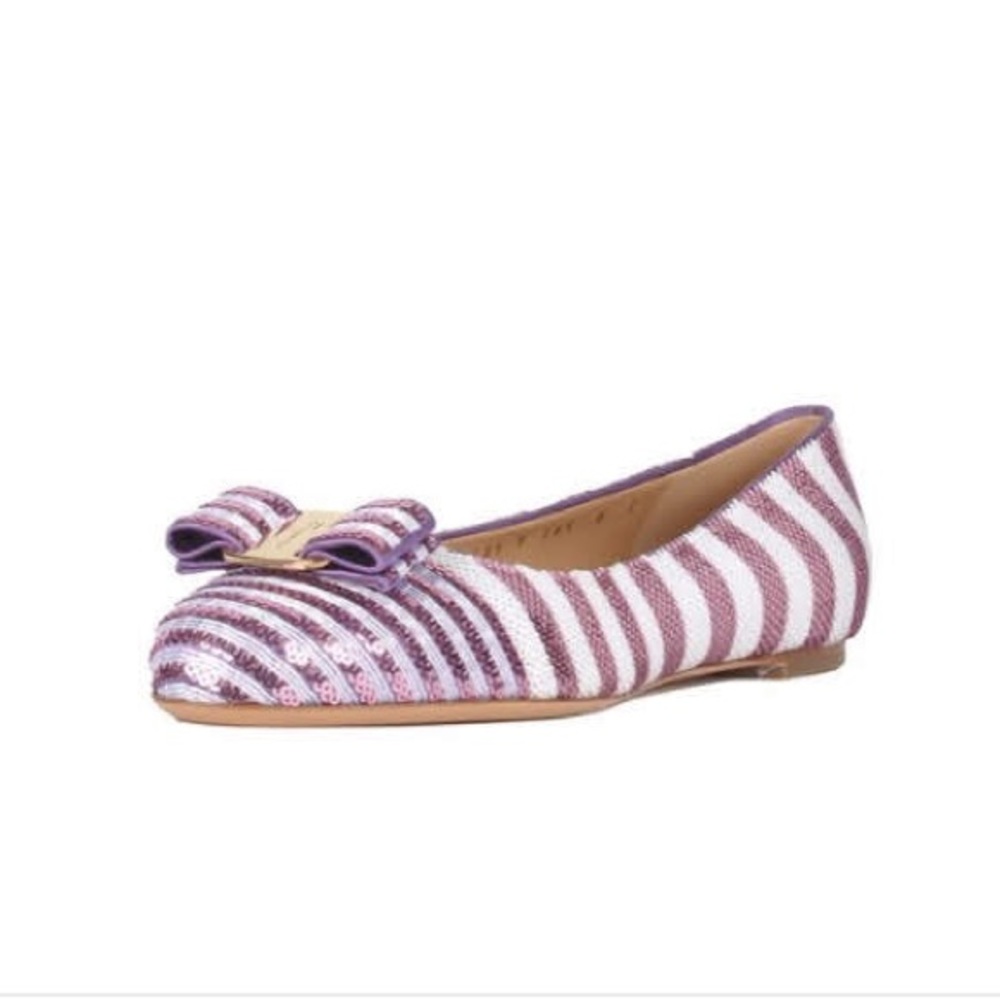 Salvatore Ferragamo purple and white sequin Bow Embellished Ballet Flats. 7.5.